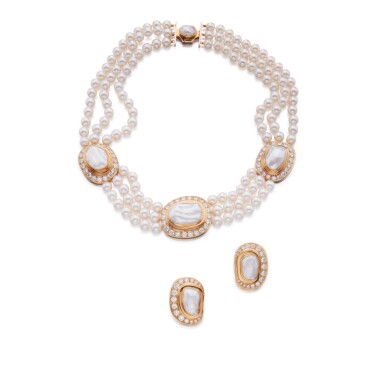 View full screen - View 1 of Lot 185. Cultured Pearl and Diamond Necklace and Pair of Earclips.
