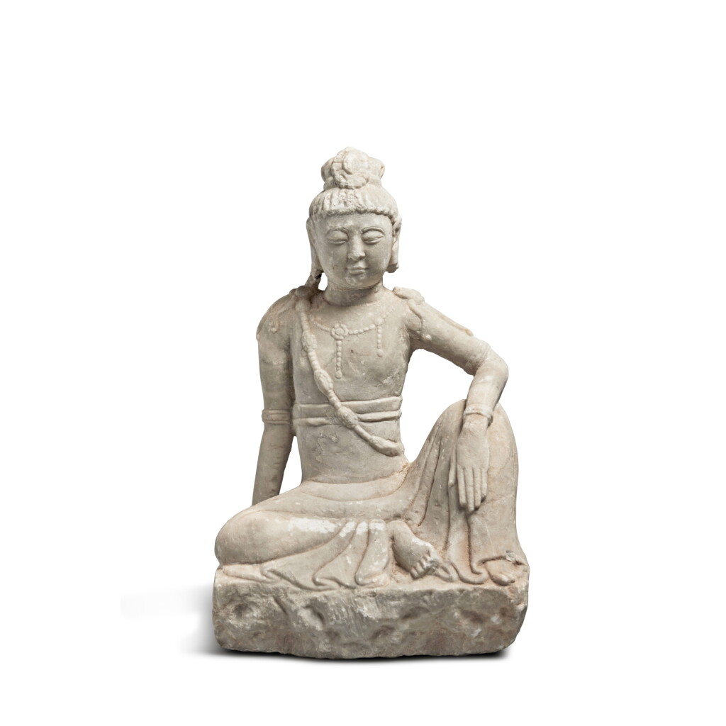 View full screen - View 1 of Lot 150. A stone figure of seated Guanyin.