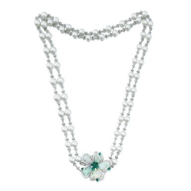 View full screen - View 1 of Lot 201. Collier perles de cultures, opales, émeraudes et diamants .