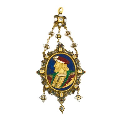 View full screen - View 1 of Lot 1037. A French enamelled gold mounted diamond, baroque pearl and lapis lazuli pendant with François Ier, King of France, 19th century.