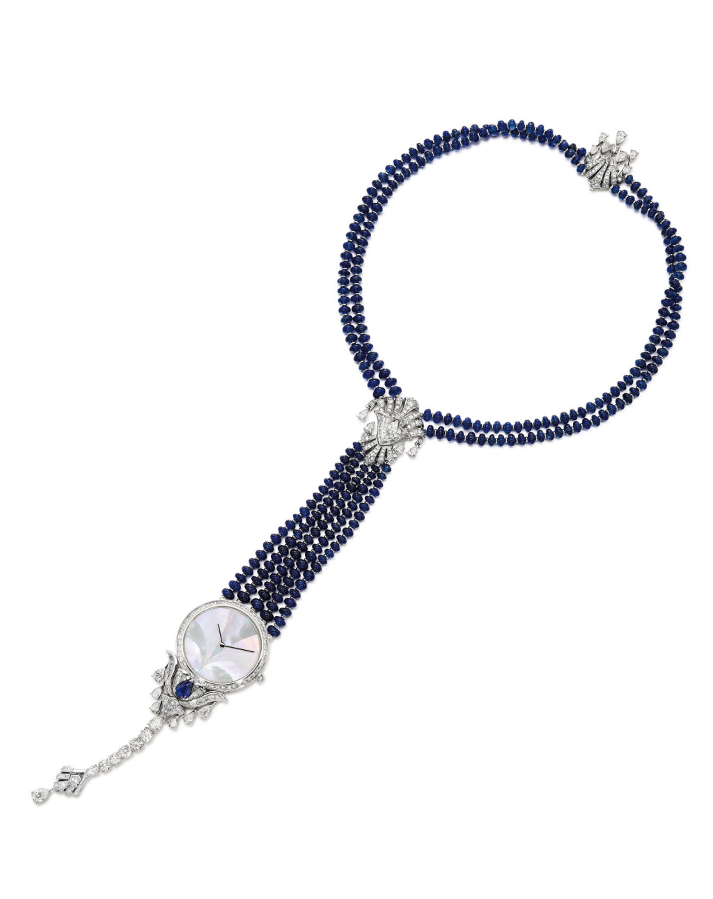View full screen - View 1 of Lot 1730. Van Cleef & Arpels | Sapphire, Mother-of-Pearl and Diamond Pendent Necklace / Wristwatch | 梵克雅寶 | 藍寶石 配 珍珠母 及 鑽石 項鏈 / 腕錶.