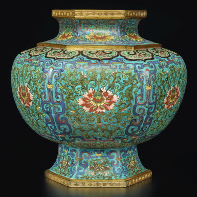 View full screen - View 1 of Lot 24. An exceptionally rare and large hexagonal cloisonné enamel 'lotus' baluster vase, Qing dynasty, Qianlong period | 清乾隆 銅胎掐絲琺瑯番蓮紋六方尊.