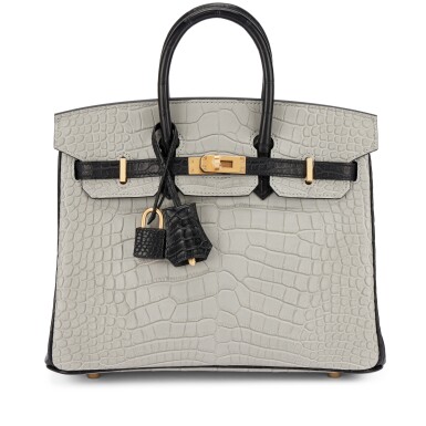 View full screen - View 1 of Lot 547. Gris Perle and Black Matte Mississippiensis Alligator HSS Birkin 25 Brushed Gold Hardware, 2024.