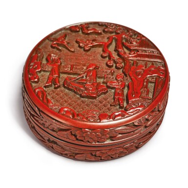 View full screen - View 1 of Lot 630. A SMALL CARVED CINNABAR LACQUER 'SCHOLAR' CIRCULAR BOX AND COVER, XUANDE MARK AND PERIOD.