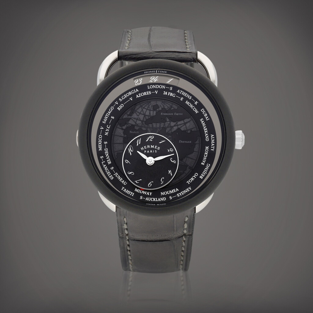 View full screen - View 1 of Lot 8614. Arceau Le Temps Voyageur, Reference AR10.741 | A platinum and DLC-coated titanium world time wristwatch with satellite mechanism, Circa 2022 | 愛馬仕 | Arceau Le Temps Voyageur 型號AR10.741 | 鉑金及 DLC 塗層處理鈦金屬世界時間腕錶,備漫遊裝置,約2022年製.