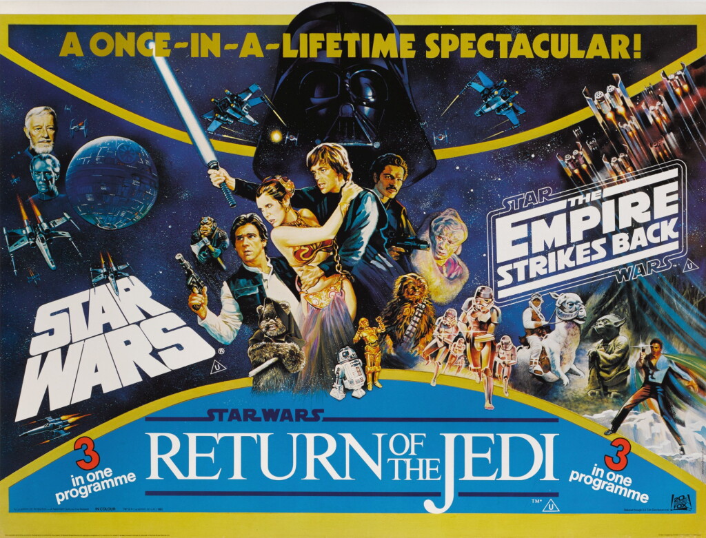 View full screen - View 1 of Lot 100. STAR WARS / THE EMPIRE STRIKES BACK / RETURN OF THE JEDI TRIPLE BILL POSTER, BRITISH, TOM WILLIAM CHANTRELL, TOM JUNG AND JOSH KIRBY, 1983 .