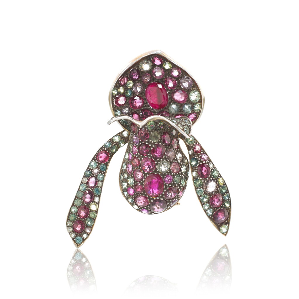 View full screen - View 1 of Lot 946. Ruby and coloured sapphire brooch.