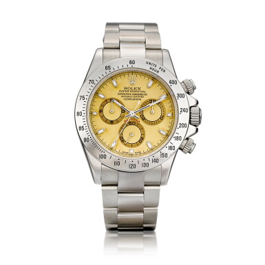 View full screen - View 1 of Lot 2290. Cosmograph Daytona, Reference 116520 | A stainless steel chronograph wristwatch with tropical dial and bracelet, Circa 2000 | 勞力士 | Cosmograph Daytona 型號 116520 | 精鋼計時鏈帶腕錶,備棕式錶盤,約2000年製.