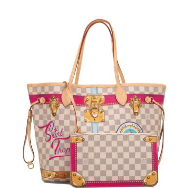 View full screen - View 1 of Lot 213. Louis Vuitton Damier Azur St. Tropez Summer Trunk Neverfull MM of Coated Canvas and Vachetta Leather Trim with Polished Golden Brass Hardware.