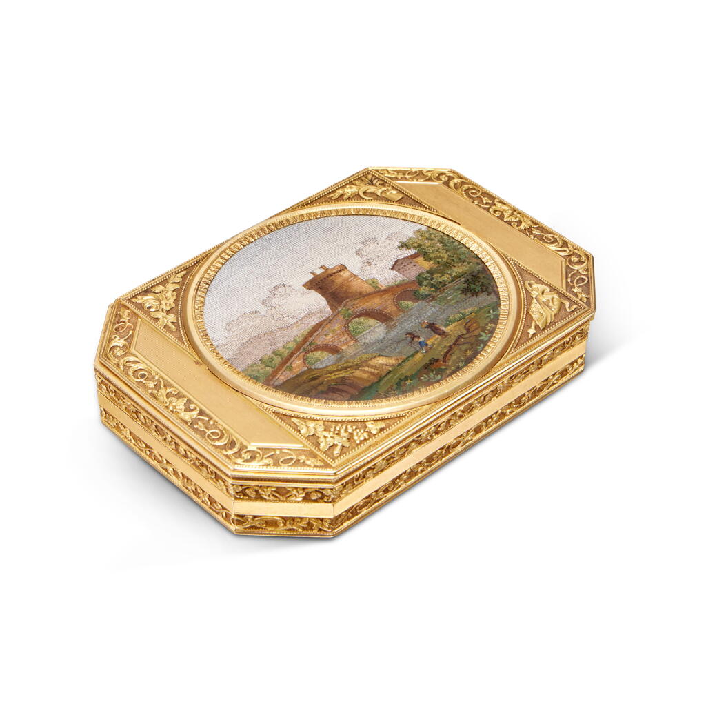 View full screen - View 1 of Lot 48. A Gold-Mounted Micromosaic Snuff Box, Johann Carl Retzer, Vienna, 1802 .