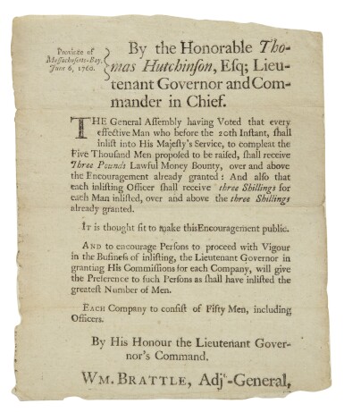 View full screen - View 1 of Lot 40. (FRENCH AND INDIAN WAR) | By the Honorable Thomas Hutchinson, Esq; Lieutenant Governor and Commander in Cheif. Province of Massachusetts-Bay: 6 June 1766.