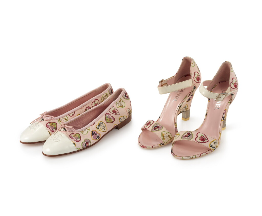 View full screen - View 1 of Lot 104. CHANEL | PAIR OF HEART PRINTED CANVAS AND WHITE PATENT LEATHER SANDALS AND FLATS .