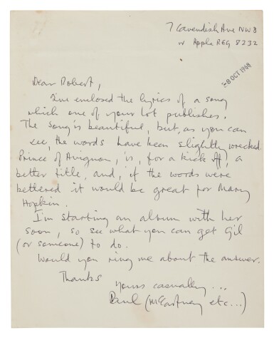 View full screen - View 1 of Lot 22. Paul McCartney | Autograph letter signed, critiquing song lyrics in his capacity as a producer for Apple Records.