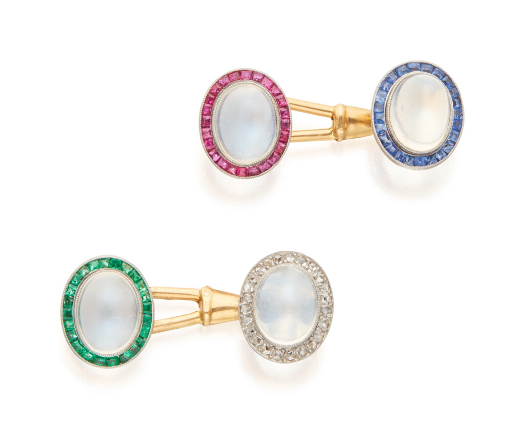 View full screen - View 1 of Lot 100. PAIR OF MOONSTONE AND GEM-SET CUFFLINKS.