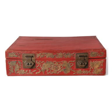 View full screen - View 1 of Lot 118. A CHINESE GILT METAL-MOUNTED RED LACQUER CASE, EARLY 20TH CENTURY.