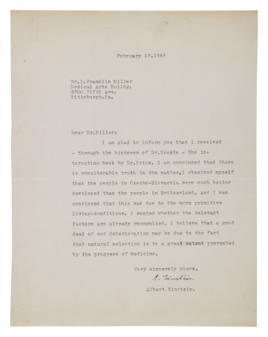 View full screen - View 1 of Lot 54. Einstein, Albert. Typed Letter Signed To Dr. I Franklin Miller, Princeton, New Jersey, Feb 23, 1945.