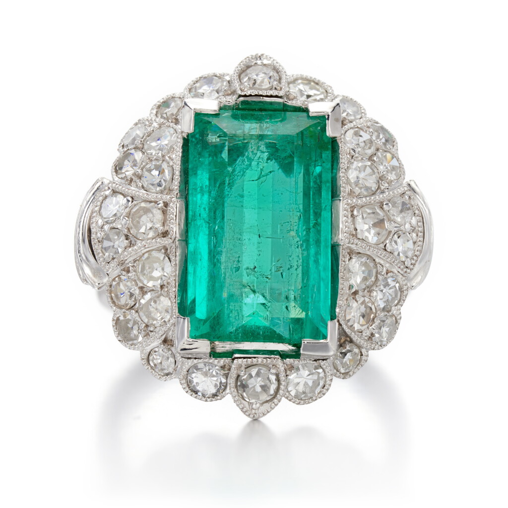 View full screen - View 1 of Lot 37. Emerald and diamond ring.