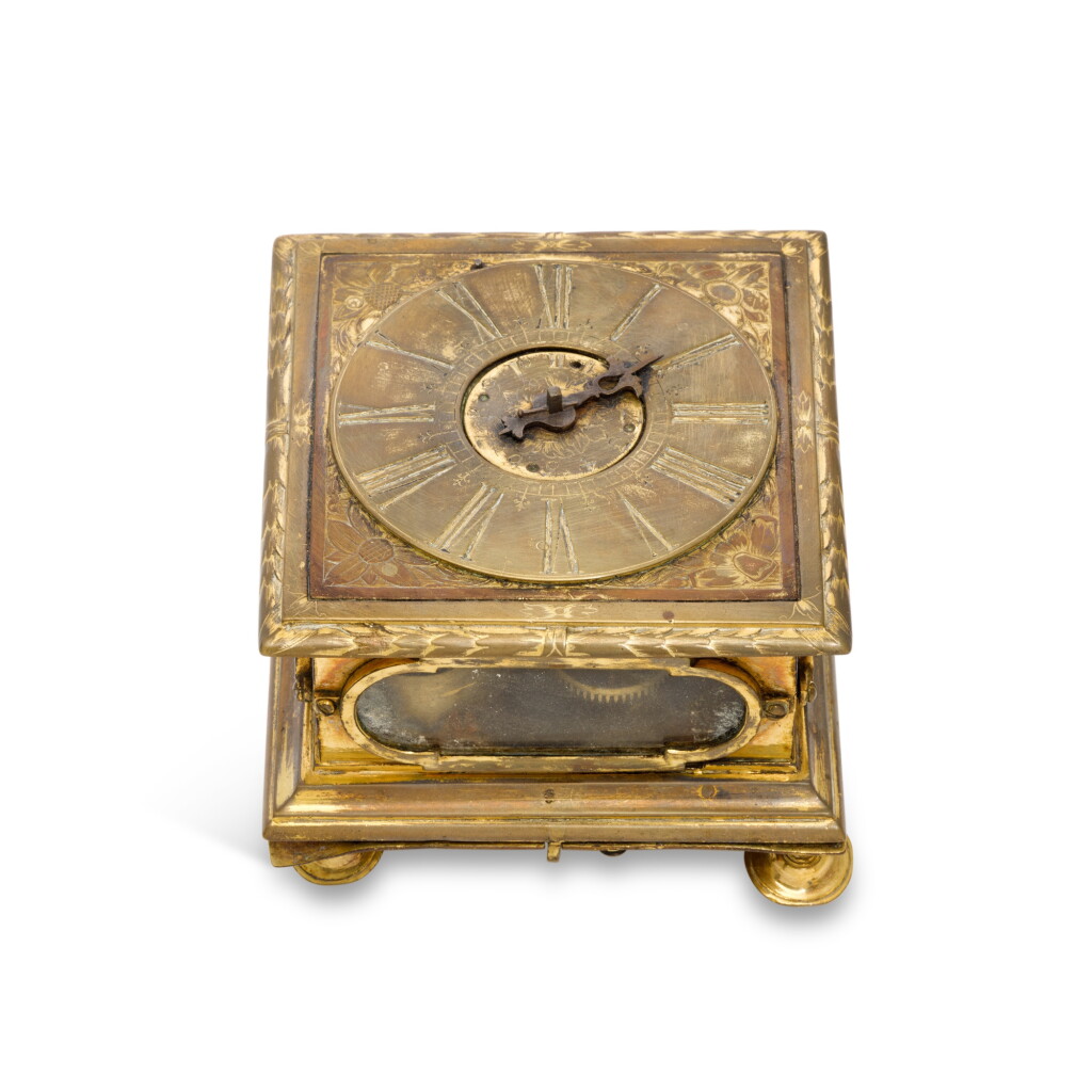 View full screen - View 1 of Lot 86. A gilt-brass horizontal table clock with alarm, unsigned, probably German, circa 1700.