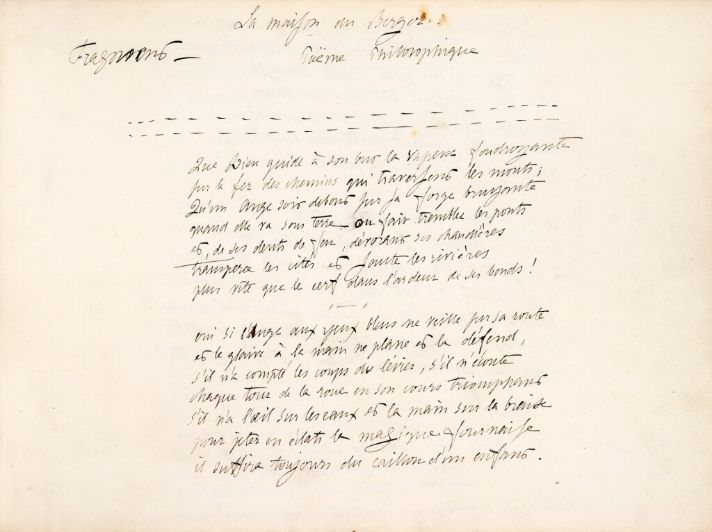 View full screen - View 1 of Lot 209. VIGNY. La Maison du Berger. Poème autographe signé, 1844. 4 p. in-4 oblong. Important fragment 70 vers.