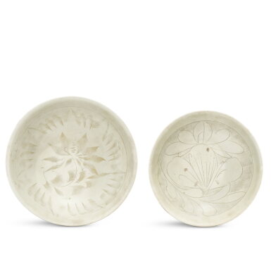 View full screen - View 1 of Lot 358. Two large Cizhou carved 'floral' bowls, Northern Song dynasty 北宋 磁州窰白釉劃花卉紋大盌一組兩件.