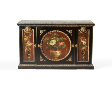 View full screen - View 1 of Lot 44. A gilt-bronze and lead mounted ebony cabinet, late 18th century, including three Louis XVI sycamore oil painted panels, probably by Le Riche or Jean-Louis Prévot | Rare meuble d'appui en placage d'ébène, plomb et bronze doré de la fin du XVIIIème siècle, incorporant trois panneaux en érable-sycomore peints à l'huile d'époque Louis XVI, probablement par Le Riche (actif entre 1780 et 1827) ou Jean-Louis Prévot.