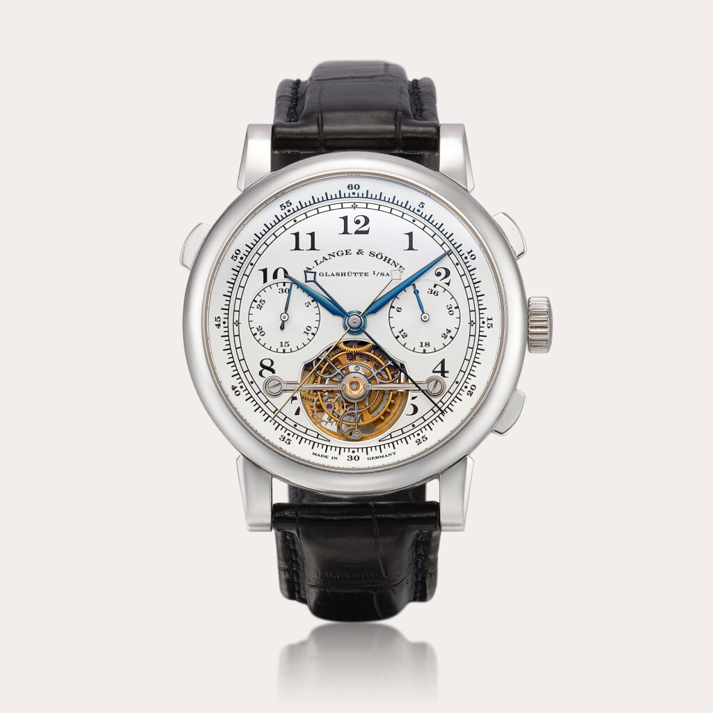 View full screen - View 1 of Lot 2195. Tourbograph ‘Pour le Mérite’, Reference 702.025F | A limited edition platinum tourbillon split seconds chronograph wristwatch with chain and fusée and power reserve indication, Circa 2009.