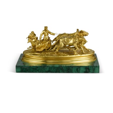 View full screen - View 1 of Lot 300. Troika: a gilt bronze and malachite group, after the model by Vasily Grachev (1831-1905), late 19th century.