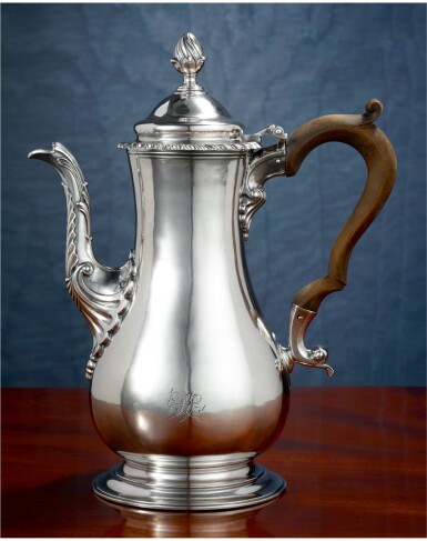 View full screen - View 1 of Lot 77. AN EARLY AMERICAN SILVER COFFEE POT, MYER MYERS, NEW YORK, CIRCA 1760.