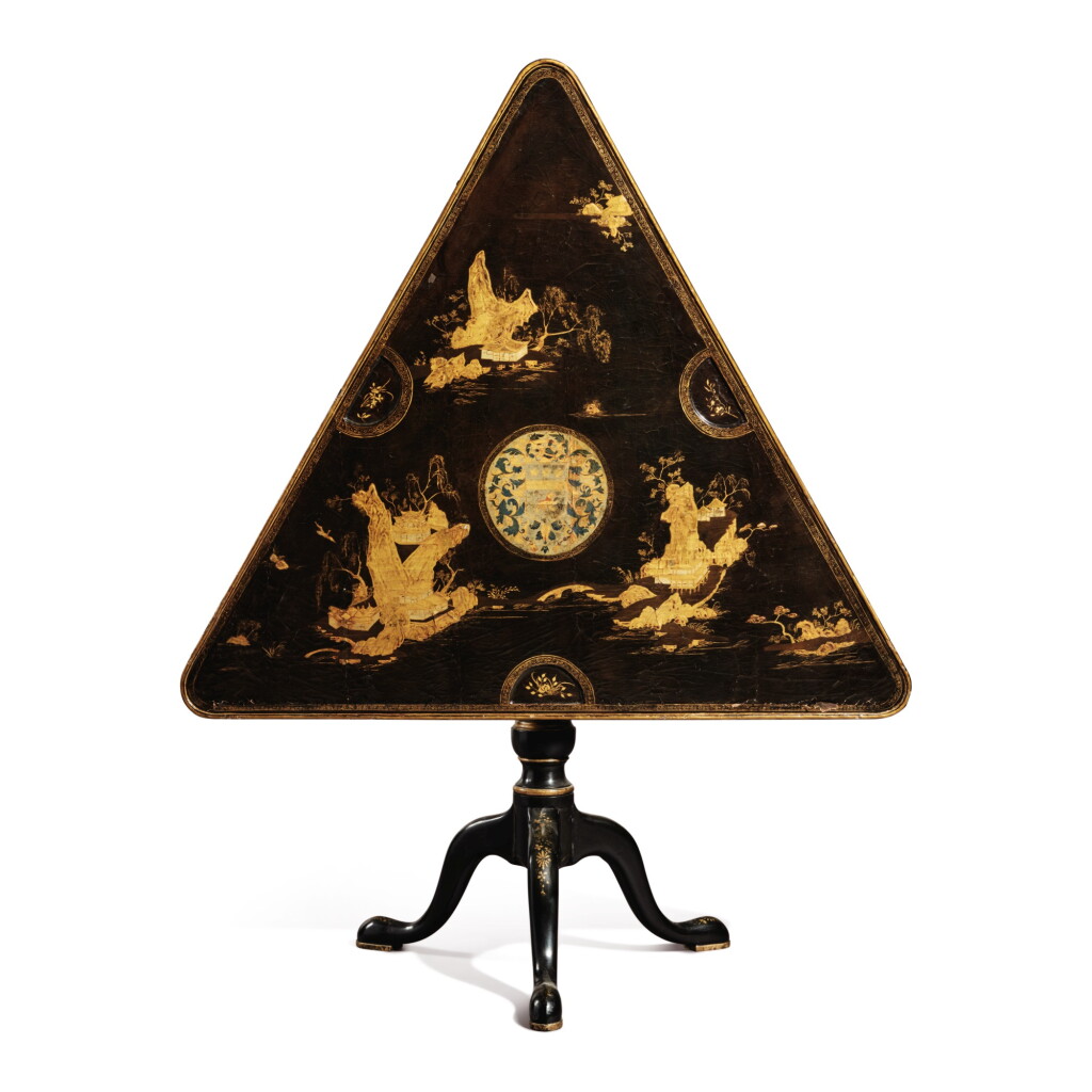 View full screen - View 1 of Lot 554. A CHINESE EXPORT BLACK AND GOLD LACQUER TRIANGULAR TILT-TOP GAMES TABLE, THE TOP MID-18TH CENTURY, ON A LATER TRIPOD BASE.