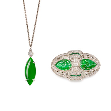 View full screen - View 1 of Lot 567. Jadeite and Diamond Pendent Necklace and Jadeite, Diamond and Emerald Brooch | 天然翡翠 配 鑽石 項鏈 及 天然翡翠 配 鑽石 及 祖母綠 胸針 .