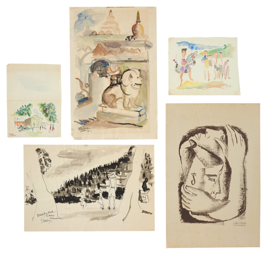 View full screen - View 1 of Lot 38. SUDJANA KERTON | FIVE WORKS ON PAPER AND ARCHIVAL MATERIALS (I) SIDE PROFILES (II) BOROBUDUR (III) BOROBUDUR (IV) FIGURES IN A PARK (V) "SEASON'S GREETING" CARD .