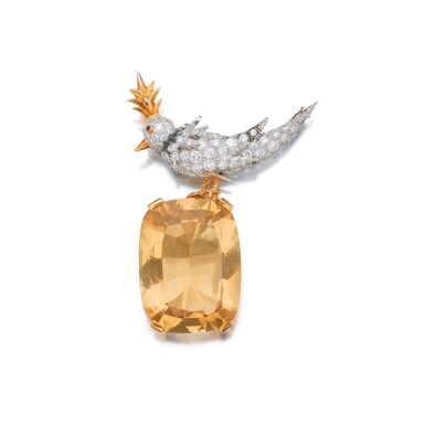 View full screen - View 1 of Lot 223. Citrine, Ruby and Diamond 'Bird on a Rock' Brooch.