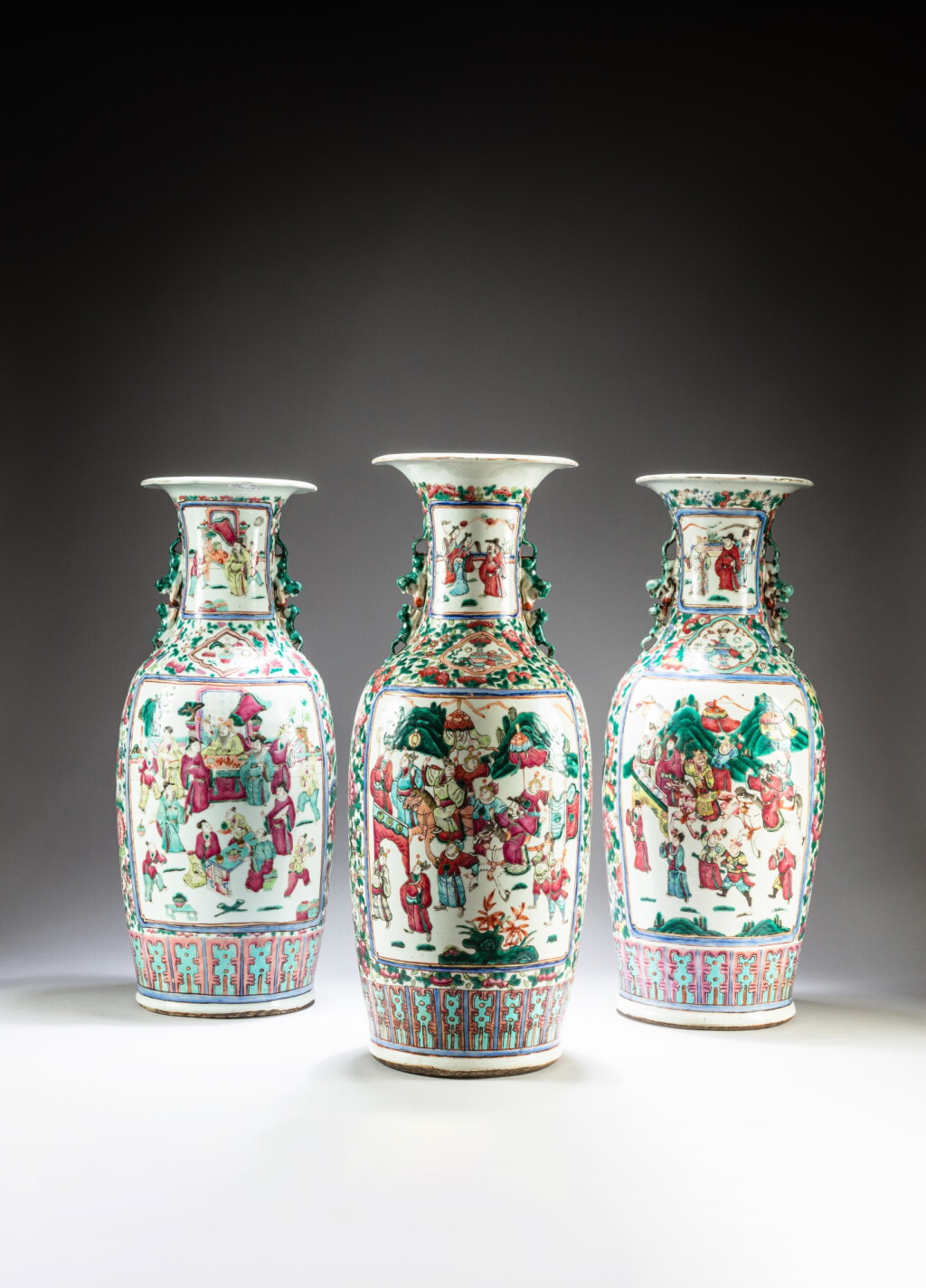 View full screen - View 1 of Lot 69. A group of three Canton famille-rose 'figural' vases, Qing dynasty, late 19th century.