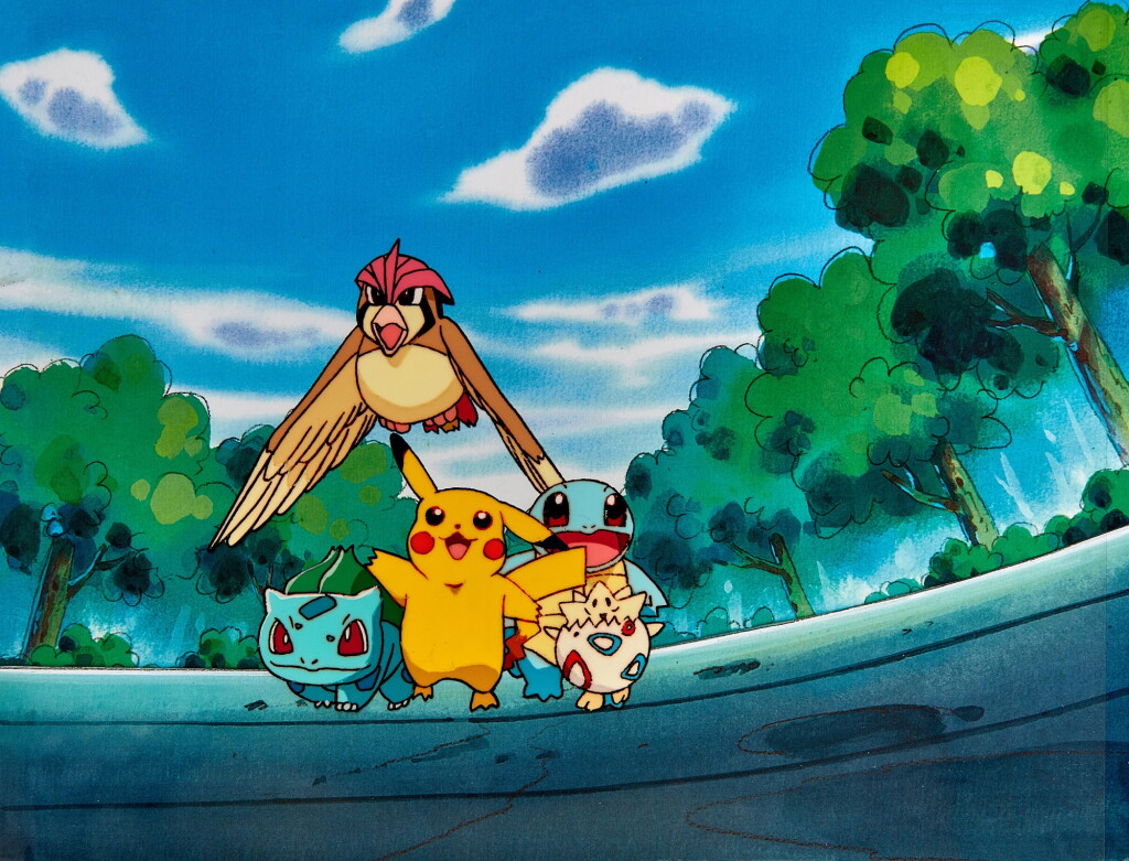 View full screen - View 1 of Lot 7. The Pokémon Gang Pikachu, Bulbasaur, Squirtle, Togepi, Pidgeotto Animation Cel with Printed Background | 精靈寶可夢團比卡超、奇異種子、波克比、比比鳥和傑尼龜賽璐璐,附印刷背景.