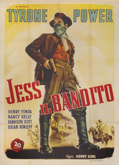 View full screen - View 1 of Lot 256. JESSE JAMES / JESS IL BANDITO (1939) POSTER, FIRST ITALIAN RELEASE, 1947.
