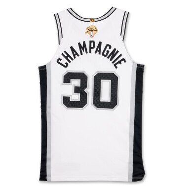 View full screen - View 1 of Lot 5. Julian Champagnie San Antonio Spurs 2026 NBA Finals Game Worn Association Edition Jersey | Game 2.