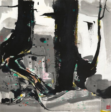 View full screen - View 1 of Lot 3014. 吳冠中 根與瀑 │ Wu Guanzhong, Tree Roots and Waterfall.