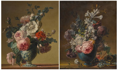 View full screen - View 1 of Lot 105. A pair of floral still lifes with roses, carnations and other flowers in ceramic vessels with butterflies and a bird nest.