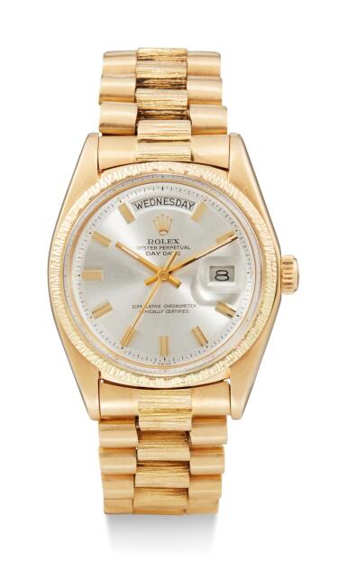 View full screen - View 1 of Lot 8060. ROLEX | DAY-DATE, REFERENCE 1807, A YELLOW GOLD WRISTWATCH WITH DAY, DATE AND BRACELET, CIRCA 1970.