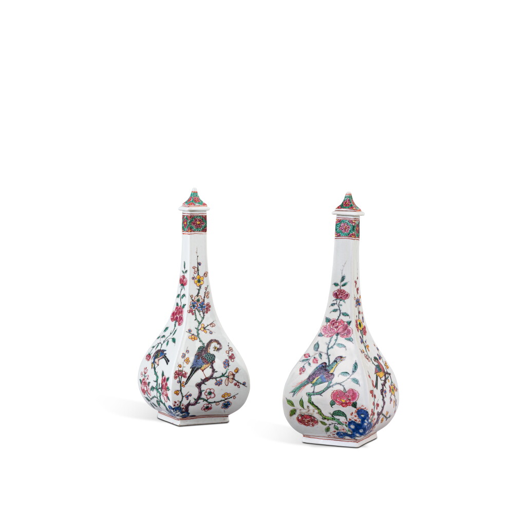 View full screen - View 1 of Lot 616. A pair of Meissen porcelain Dutch-decorated famille-rose quadrangular sake bottles and covers, the porcelain circa 1715-20, the decoration slightly later.
