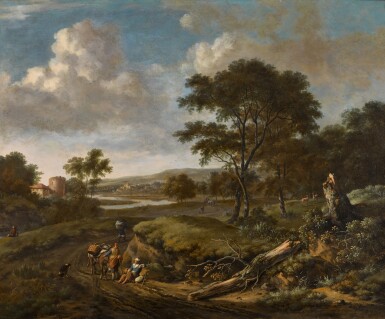 View full screen - View 1 of Lot 39. A wooded river landscape with travellers resting and conversing on a path, a castle beyond.