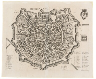 View full screen - View 1 of Lot 277. Matthaeus Merian. Mediolanum. 1638; Vue de l'Eglise...Milan. 1704. due tavole incise.