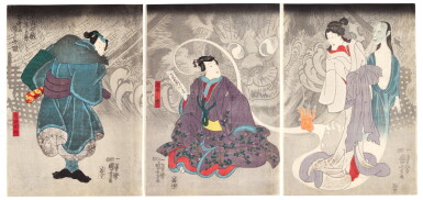 View full screen - View 1 of Lot 63. UTAGAWA KUNIYOSHI (1797-1861) THE FRIGHTENING TALE OF THE GIANT CAT GHOST AT AN OLD TEMPLE (MUKASHIBANASHI NO GI NEKOMATA TOSHI O HETE FURUDERA NI KAI O NASU), EDO PERIOD (19TH CENTURY).