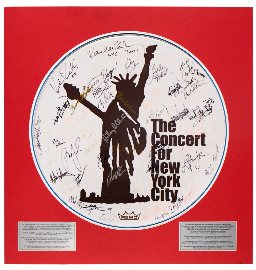 View full screen - View 1 of Lot 108. "The Concert for New York City" autographed drum head, ca. 2001.
