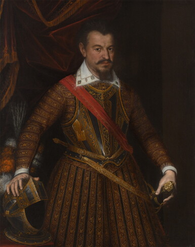 View full screen - View 1 of Lot 415. Portrait of a man wearing a milanese breastplate, lace collar and red sash with his hands resting on a swept hilted sword and a plumed helmet.