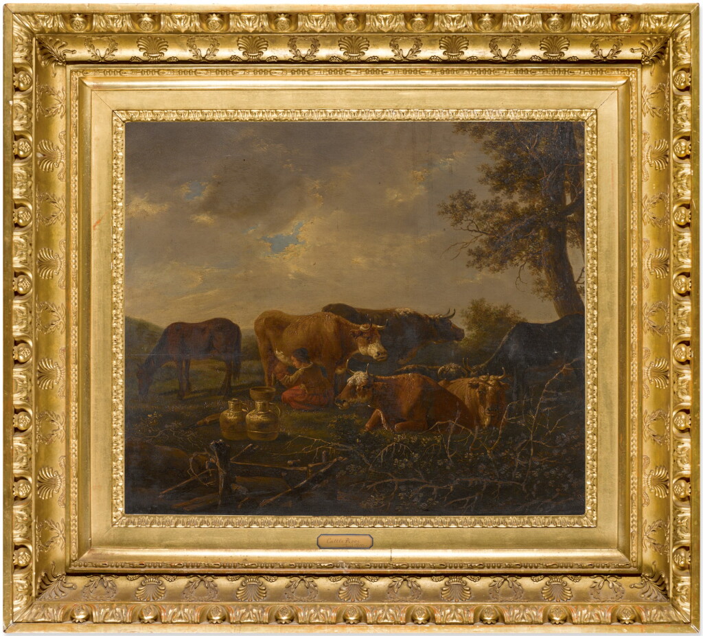 View full screen - View 1 of Lot 58. A milkmaid milking cows in a field.