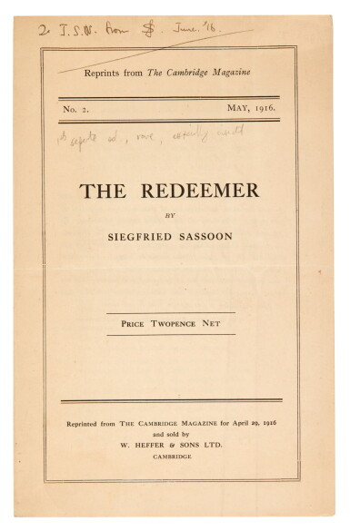 View full screen - View 1 of Lot 381. Siegfried Sassoon | The Redeemer, Cambridge, 1916, first edition, inscribed by the author.