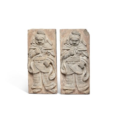 View full screen - View 1 of Lot 239. A rare pair of painted gray pottery 'guardian' tiles, Yuan dynasty.