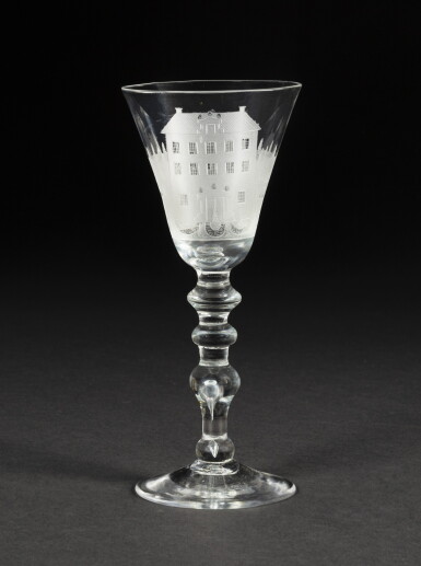 View full screen - View 1 of Lot 7. A Dutch engraved glass baluster goblet, circa 1740 | Coupe en verre gravé, vers 1740.