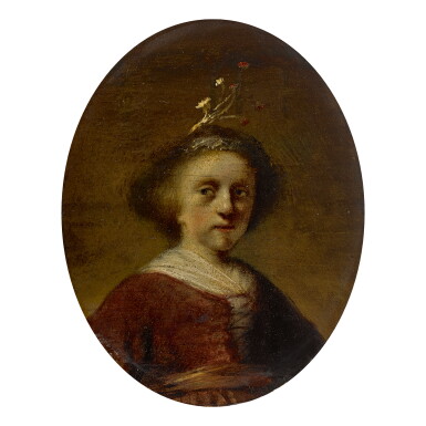 View full screen - View 1 of Lot 135. FOLLOWER OF REMBRANDT HARMENSZ. VAN RIJN | PORTRAIT OF A YOUNG GIRL WITH FLOWERS IN HER HAIR.